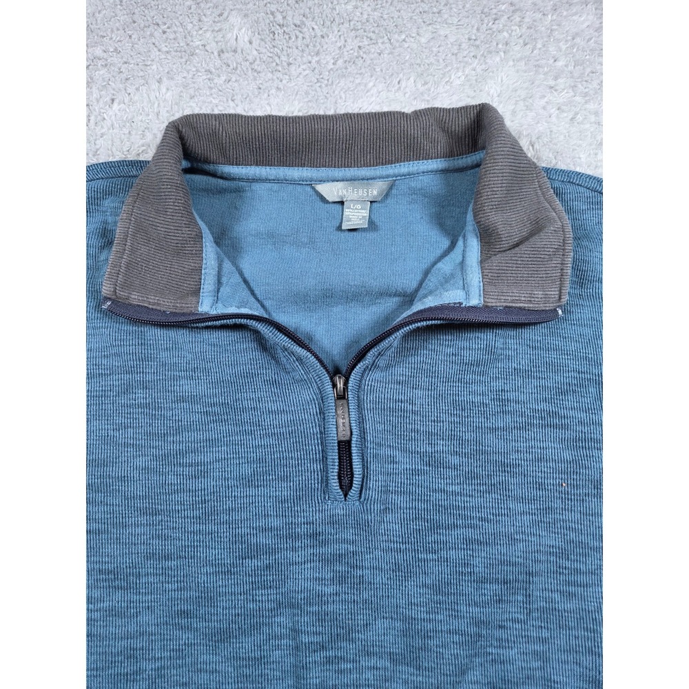 Van Heusen Mens Large Blue Ribbed Quarter Zip‎ Pullover Mock Neck Corduroy Trim